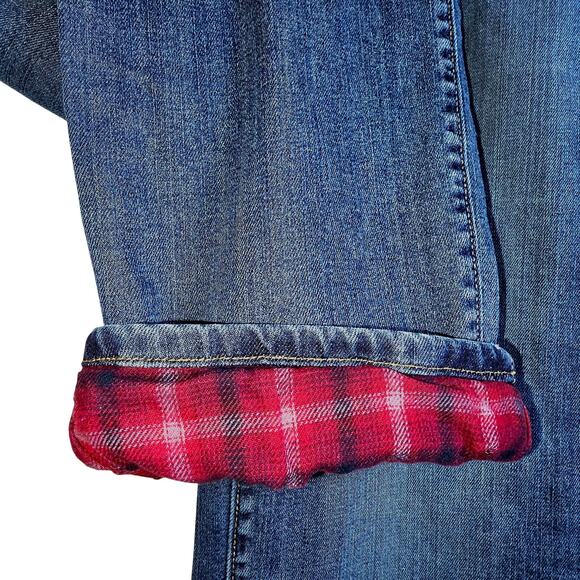 Eddie Bauer Flannel Lined Jeans Boyfriend Fit Womens Sz 14 Medium Wash Red Plaid - Picture 3 of 14